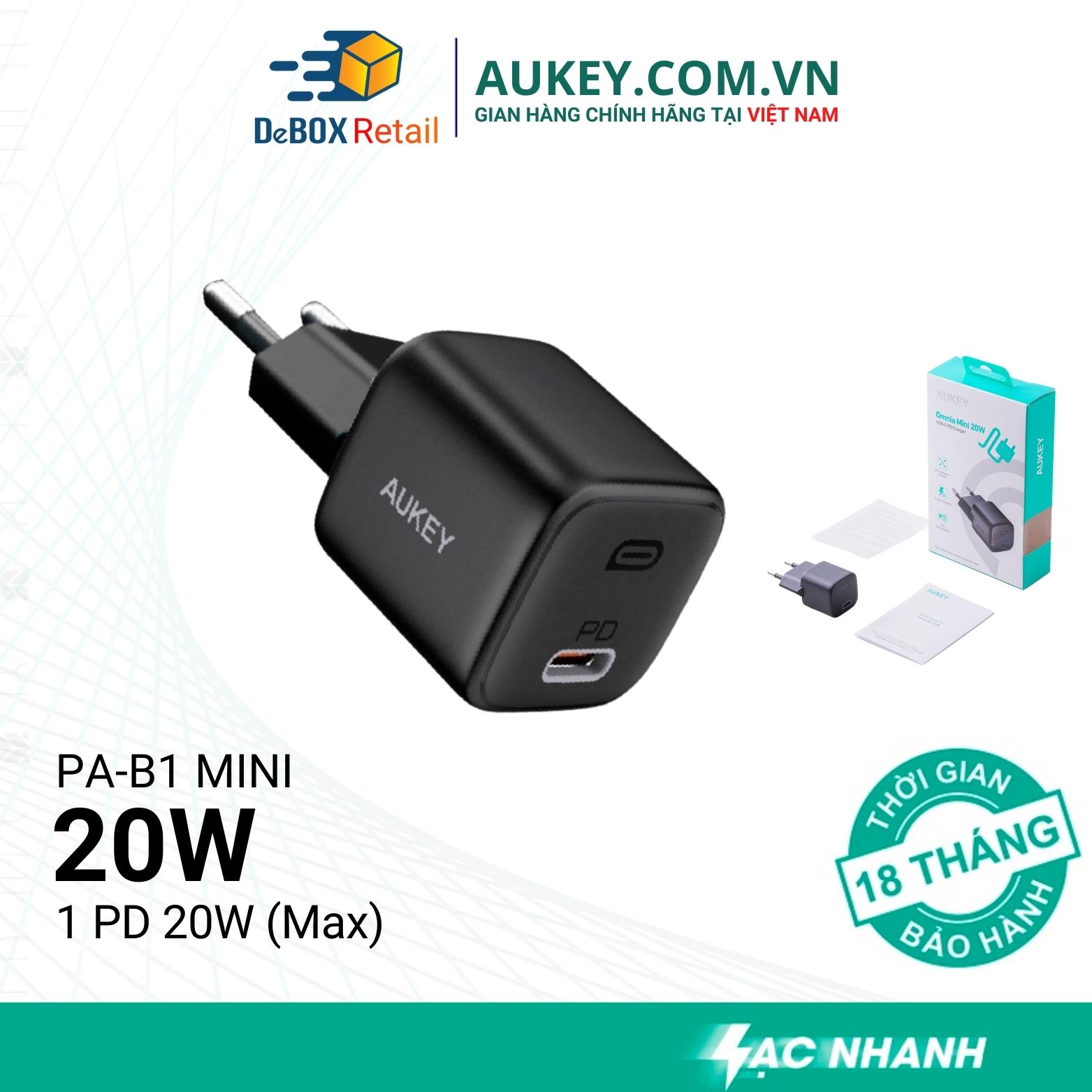 [FreeshipMAX] Cốc Sạc Nhanh 20W Omnia Aukey PA-B1 Mini (Đen), Sạc Nhanh 2 Trong 1 PD 20W + QC 18W - Bảo hành 18T