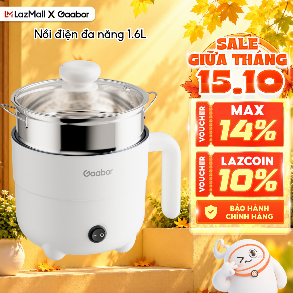 Gaabor Ec-18M01A 1.6L Multi-Function Electric Pot with Stainless Steel Steaming Basket for Hot Pot, Noodles, Porridge, Steaming and Stir-Frying, High-Quality Non-Stick - 12-Month Warranty, 1-for-1 Exchange