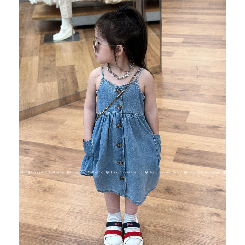 Váy jeans hai dây JEANBECO, váy jeans cho bé gái dáng suông dài form rộng VD03