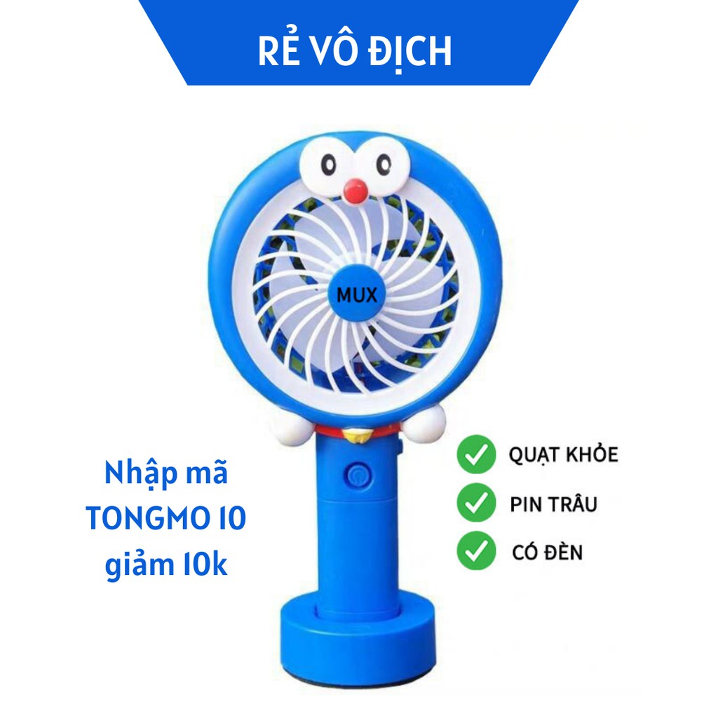 Quạt cầm tay Doremon LOẠI TO có đèn, pin sạc có đế để bàn