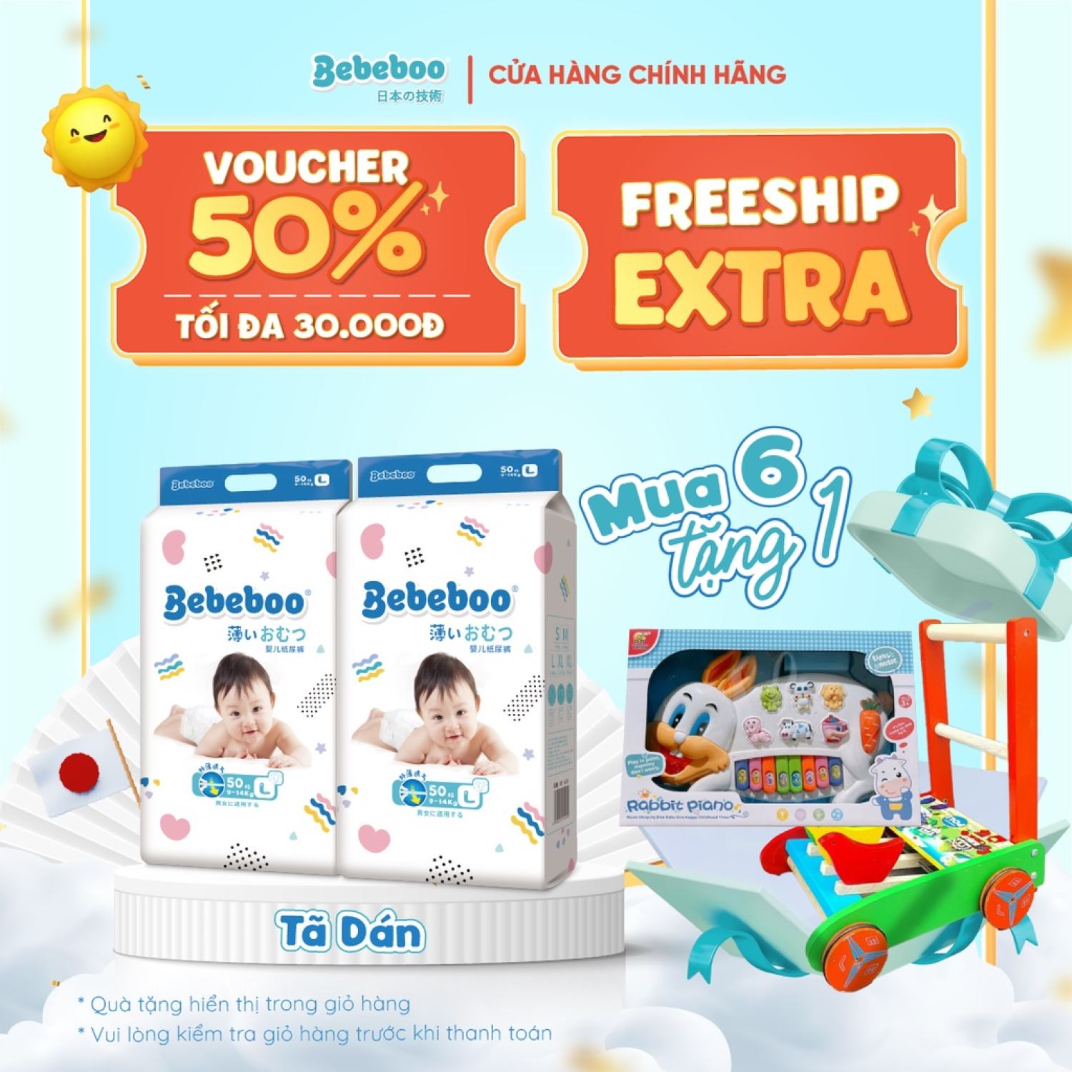 Combo 6 bịch Tã Bỉm DÁN Bebeboo Nhật Bản size NB80 S70 M60 L50 - BẤM MUA