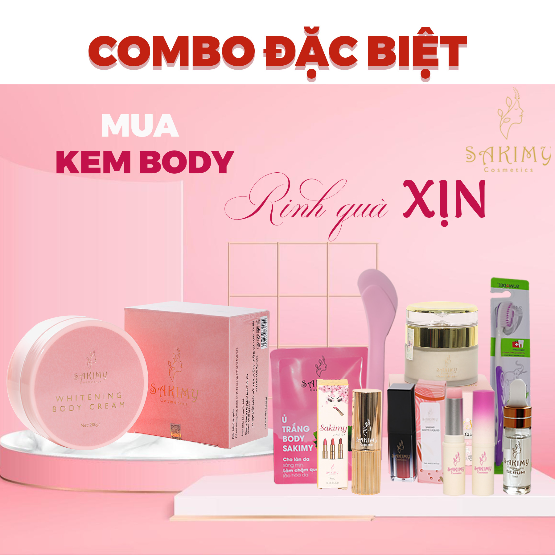 Combo Đặc Biệt Kem body Sakimy 200gr: Tặng 1 Serum kích trắng + 1 Ủ trắng body + 1Son dưỡng + 1Son Kem + 1Son Thỏi + 1Mặt Nạ Sakimy + 1 bàn chải + 1 muỗng ( hàng chính hãng)