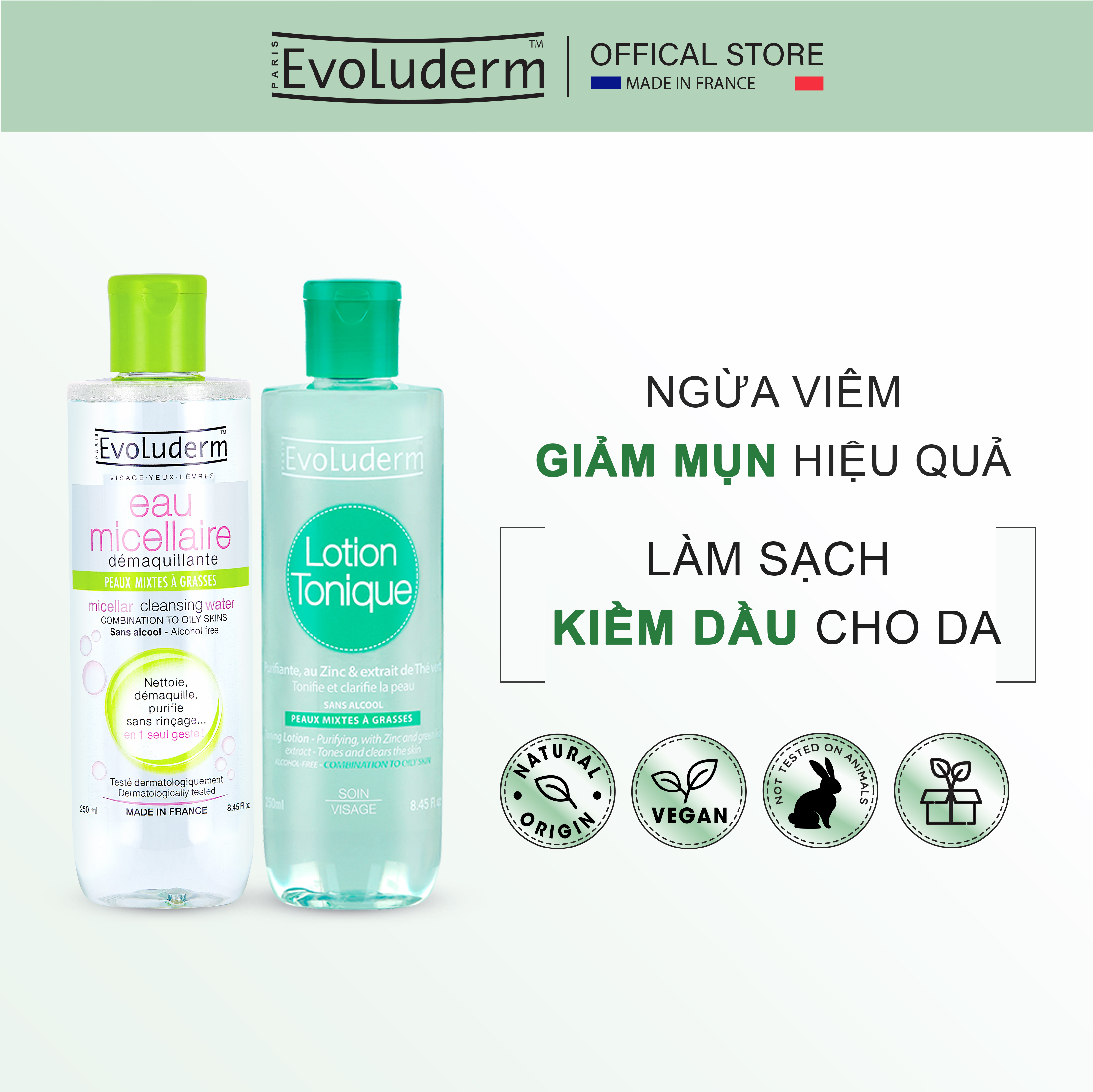 Bộ 2 Nước tẩy trang và Nước hoa hồn 250ml cho da hỗn hợp và dầu mụn Evoluderm