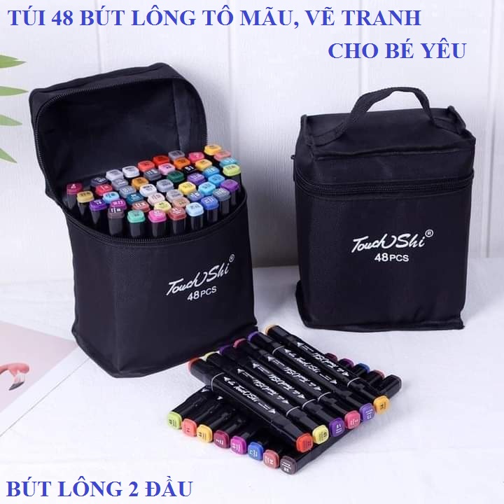 [KÈM QUÀ TẶNG] HỘP 48 BÚT LÔNG TÔ MÀU 2 ĐẦU, BÚT MÀU VẼ CHO BÉ - KÈM TÚI BẢO QUẢN