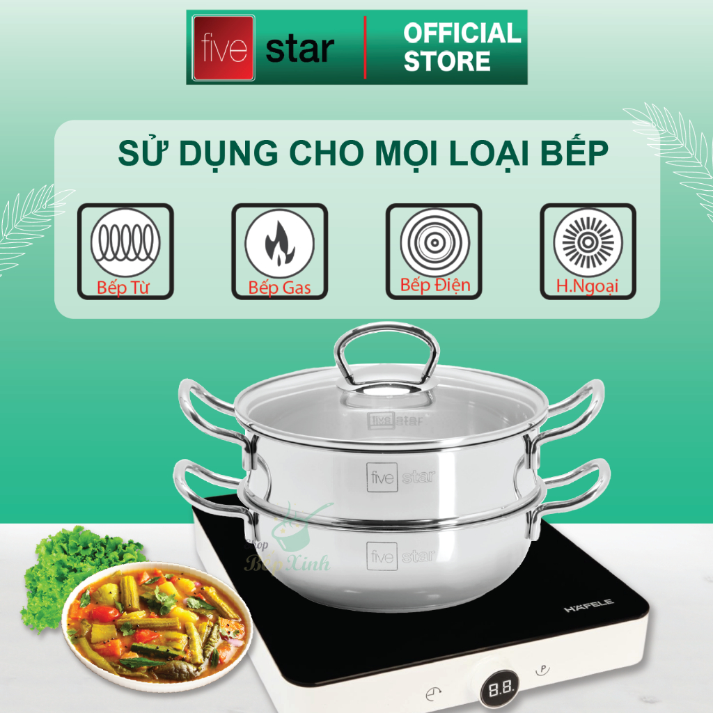 Bộ nồi xửng hấp lùn fivestar 3 đáy từ nắp kính 24cm , 26cm , 28cm
