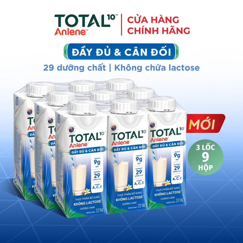 Combo 3 Lốc 9 hộp sữa nước Anlene Total 10 Không Lactose hương Vani (9 hộp x 237ml)