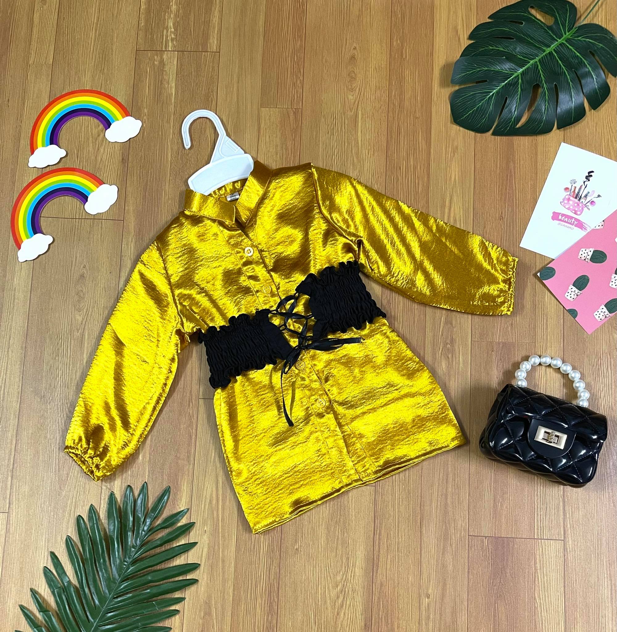 [HCM]Đầm Sơ Mi Lụa Satin Tay Dài Kèm Đai Thun Đen Cho Bé Gái Thời Trang Phong Cách