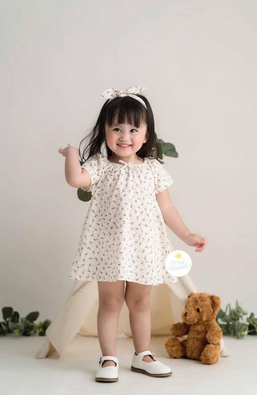 Đầm hoa trà kèm nơ siêu xinh cho bé từ 0 đến 3 tuổi