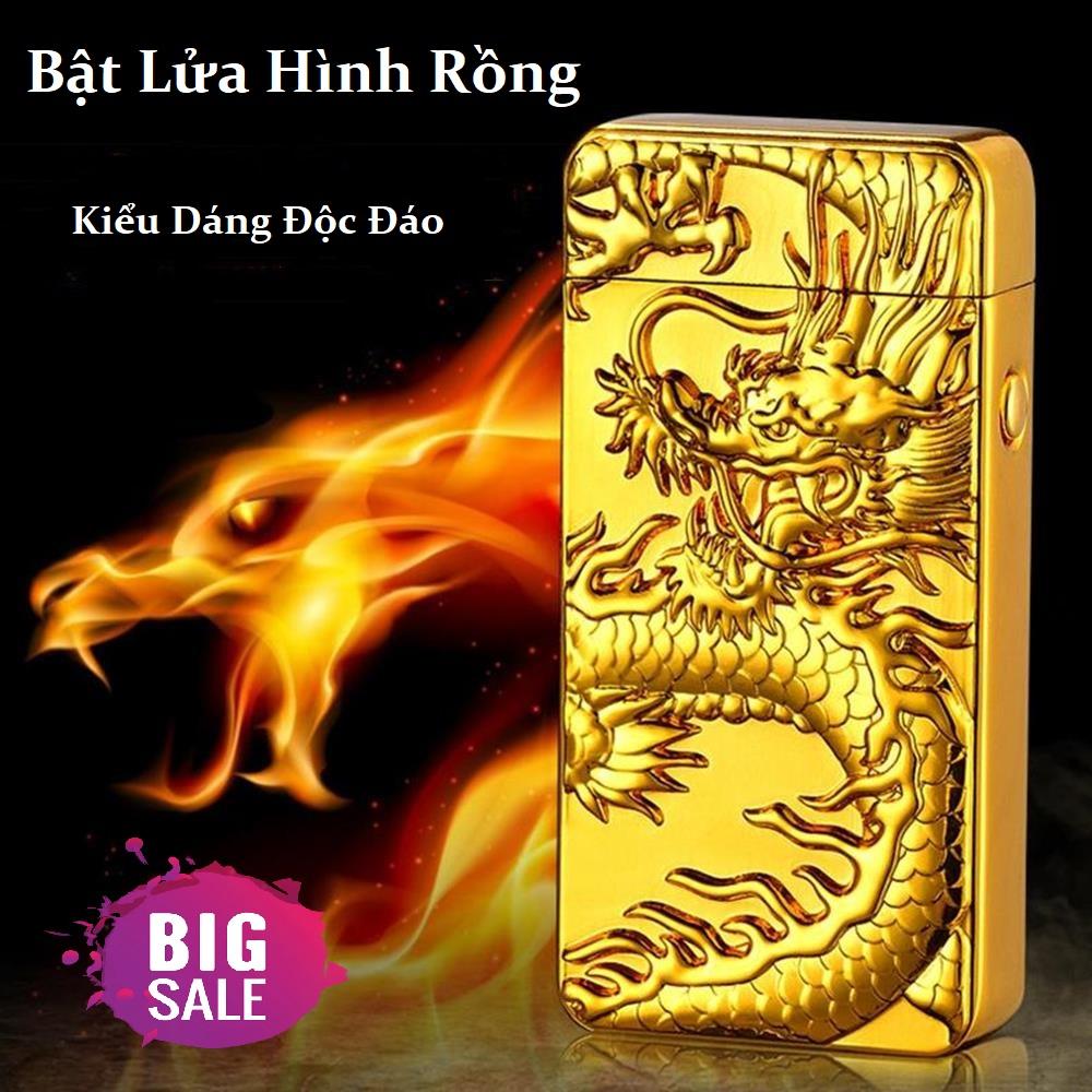 Bật lửa điện, bật lửa usb, bật lửa sạc điện vàng rồng kiểu dáng độc đáo, hoa văn rồng in nổi đẹp mắt, chất liệu hợp kim không han gỉ.