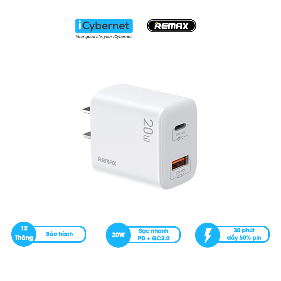 Củ sạc nhanh Remax RP-U88  2 cổng USB và type C chuẩn QC3.0 và PD20W  - Hàng chính hãng - Remax - ICybernet - Freeshipmax