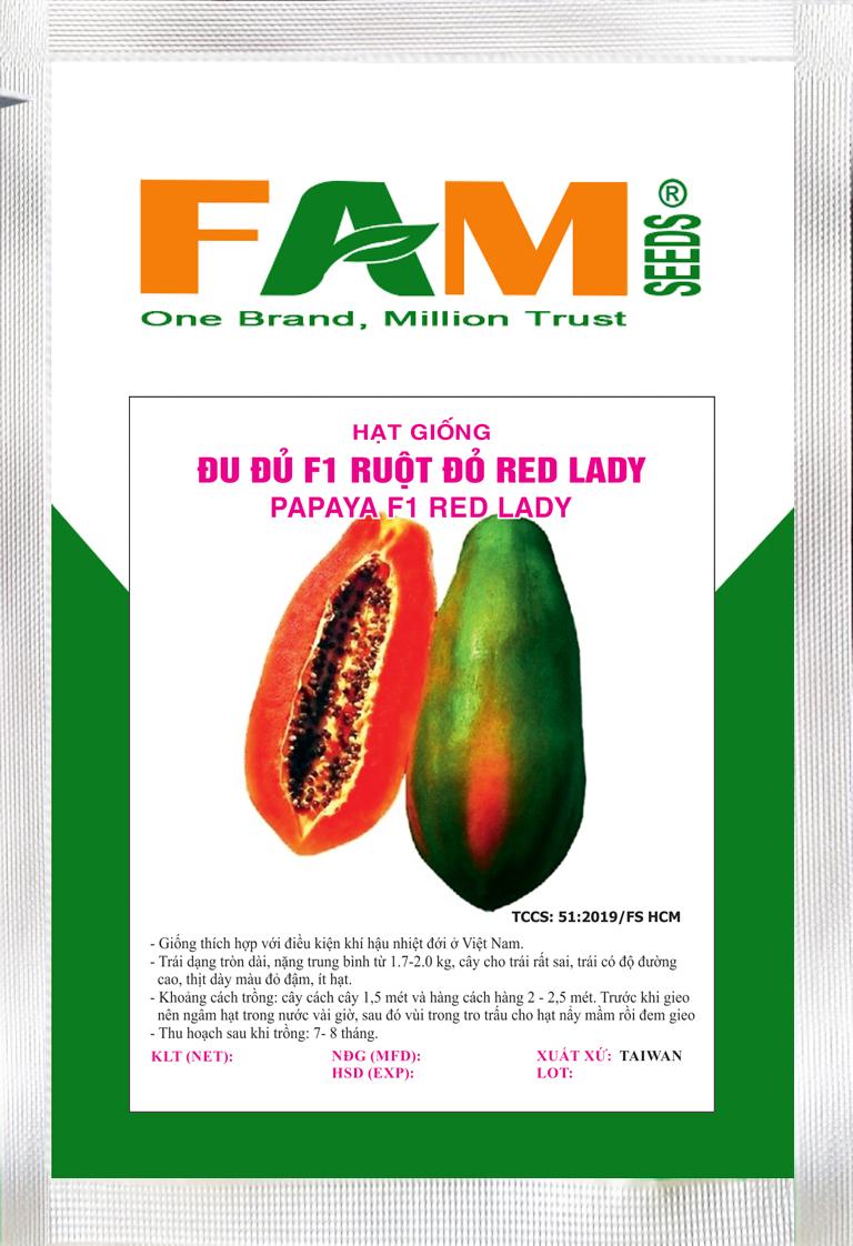 Hạt Giống Đu Đủ F1 Ruột Đỏ Red Lady - Gói 5 hạt, Nhập Khẩu Thái Lan, Trái Tròn Dài, Nặng 1.7-2.0kg, Thịt Dày Màu Đỏ Đậm, Ít Hạt, Độ Đường Cao, Sai Quả, Năng Suất Cao