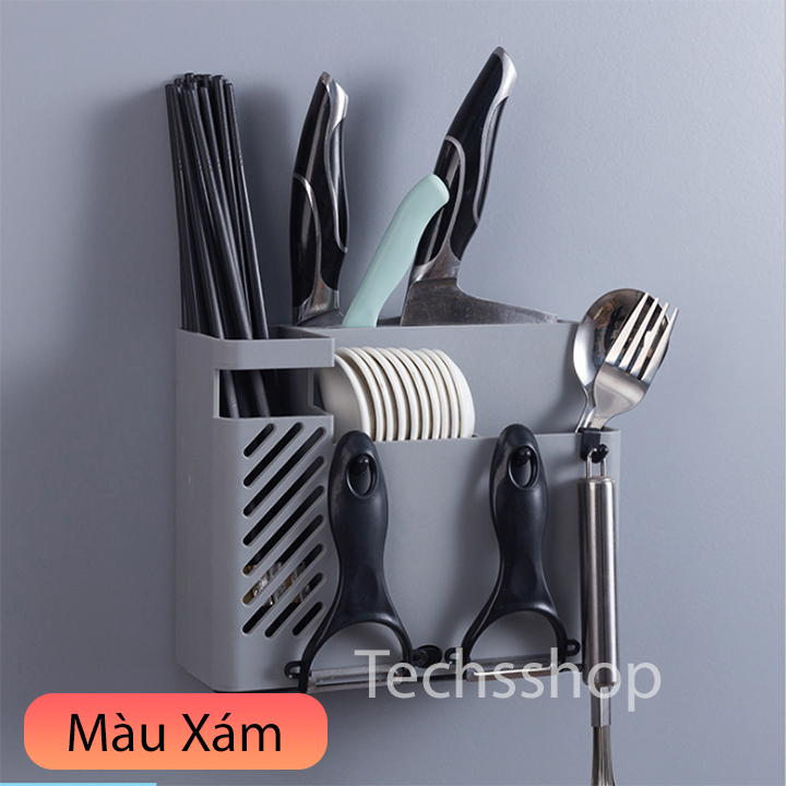 Kệ đựng đũa muỗng dao kéo thìa nhà bếp dán tường kèm móc treo máng LSJ08 - Khay đựng đồ dùng nhà bếp đa năng có khay thoát nước - Ống đựng đũa muỗng