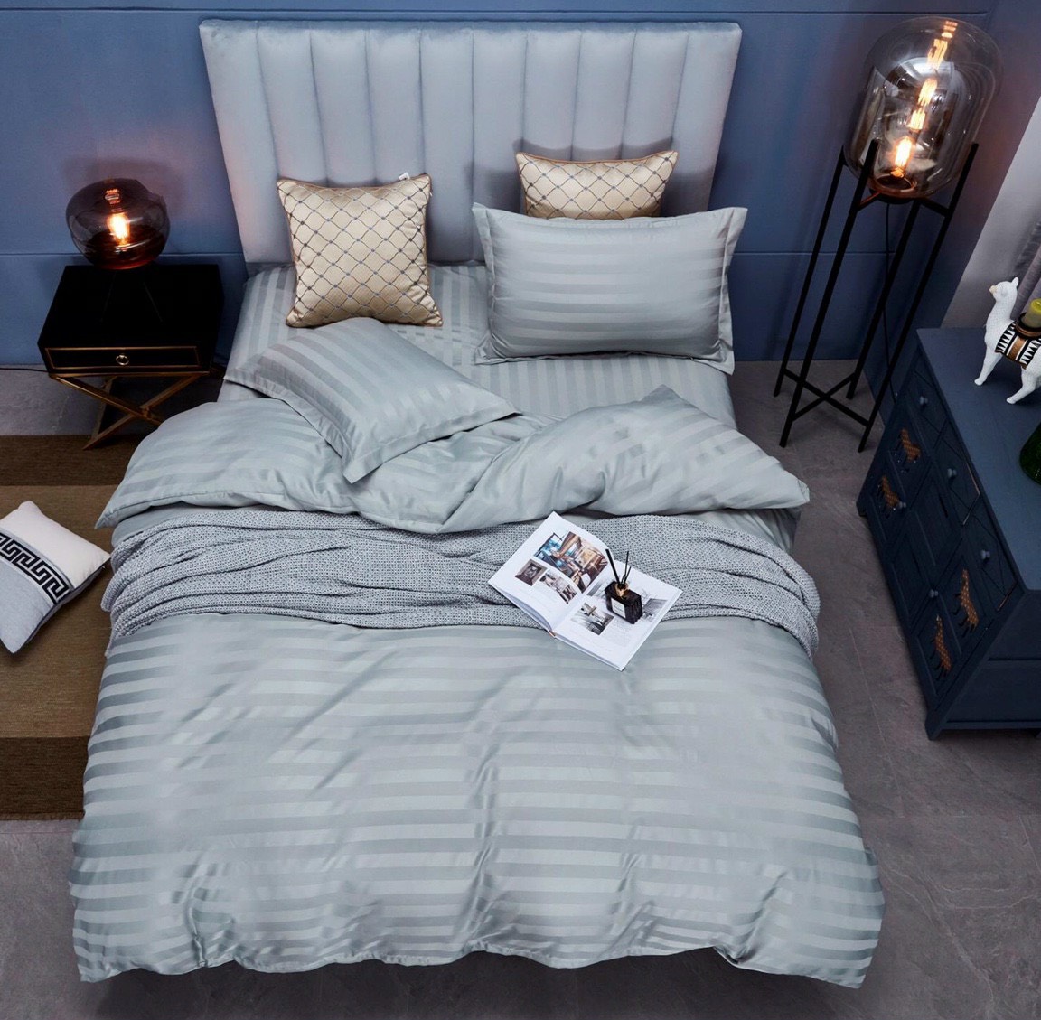 Bộ 4 Món Ga Gối SỌC 3F Vải Cotton Lụa Hàng Chuyên Cho Gia Đình Và Khách Sạn - Xanh Trắng