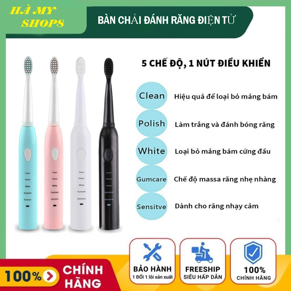 Combo 2 Bàn chải đánh răng điện 5 chế độ rung, Tặng kèm 4 đầu bàn chải, Bàn chải răng chạy điện, Bàn chải điện, Bàn chải đánh răng chính hãng, chăm sóc răng miệng