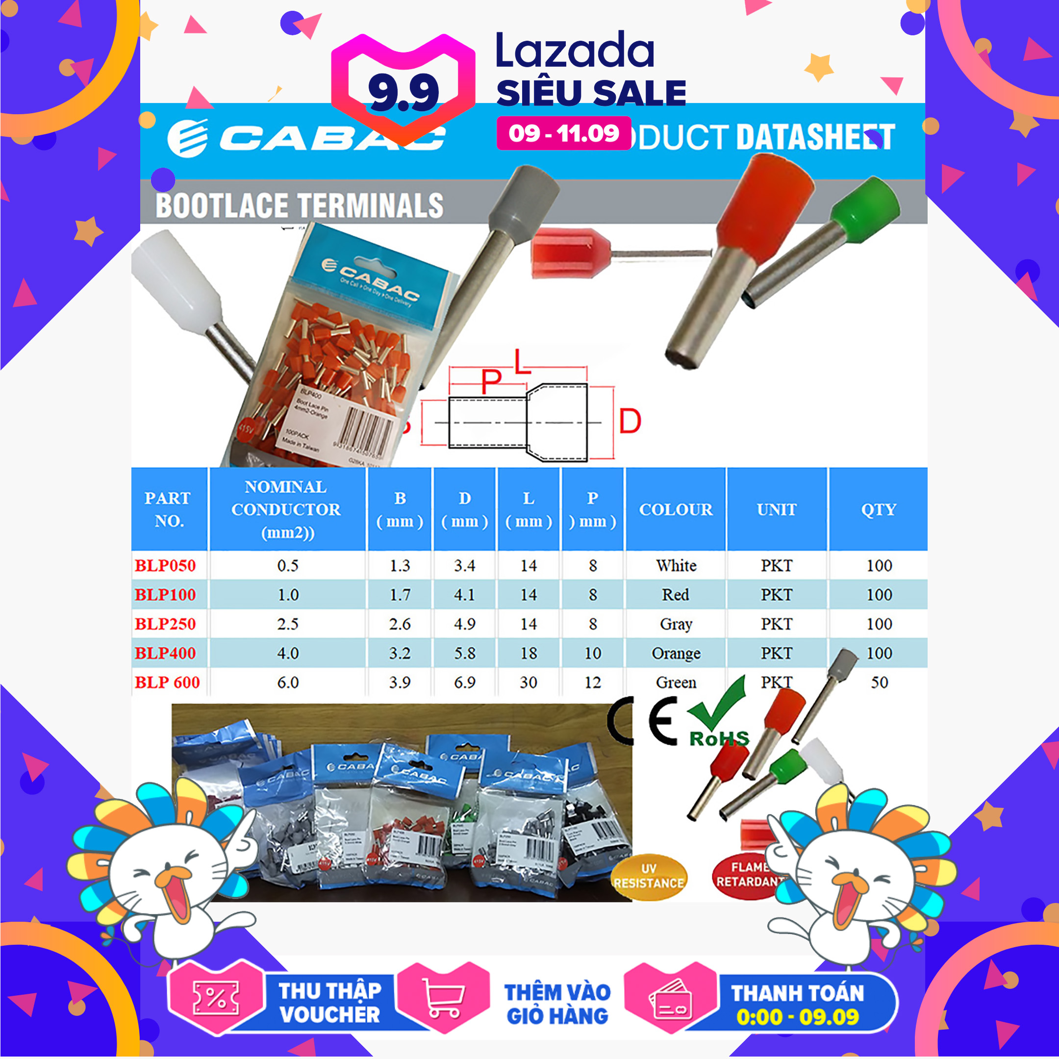 Túi đầu cốt pin rỗng BLP - CABAC, tiết diện dây 0.5, 1.0 , 2.5, 4.0 ,6.0  mm2