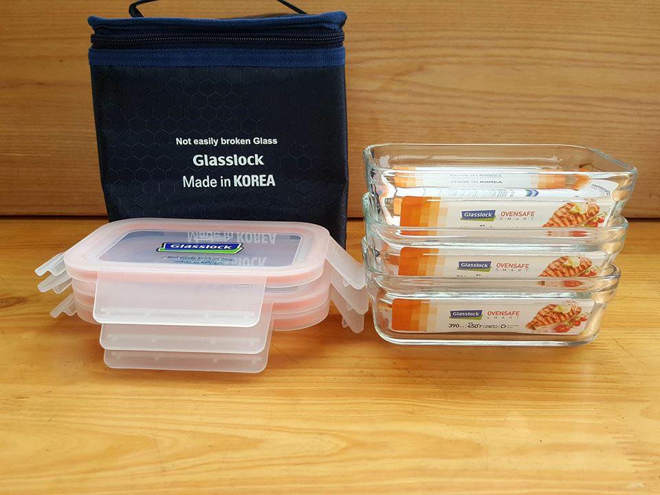 Bộ 03 hộp thuỷ tinh Glasslock 390ml+ Túi giữ nhiệt
