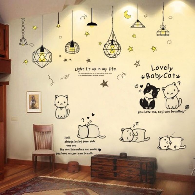 Decal dán tường đèn vàng và mèo