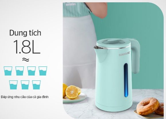 Ấm Siêu Tốc Sunhouse, Ấm Siêu Tốc Sunhouse Inox 2 Lớp 1.8L Shd1351 Chính Hãng