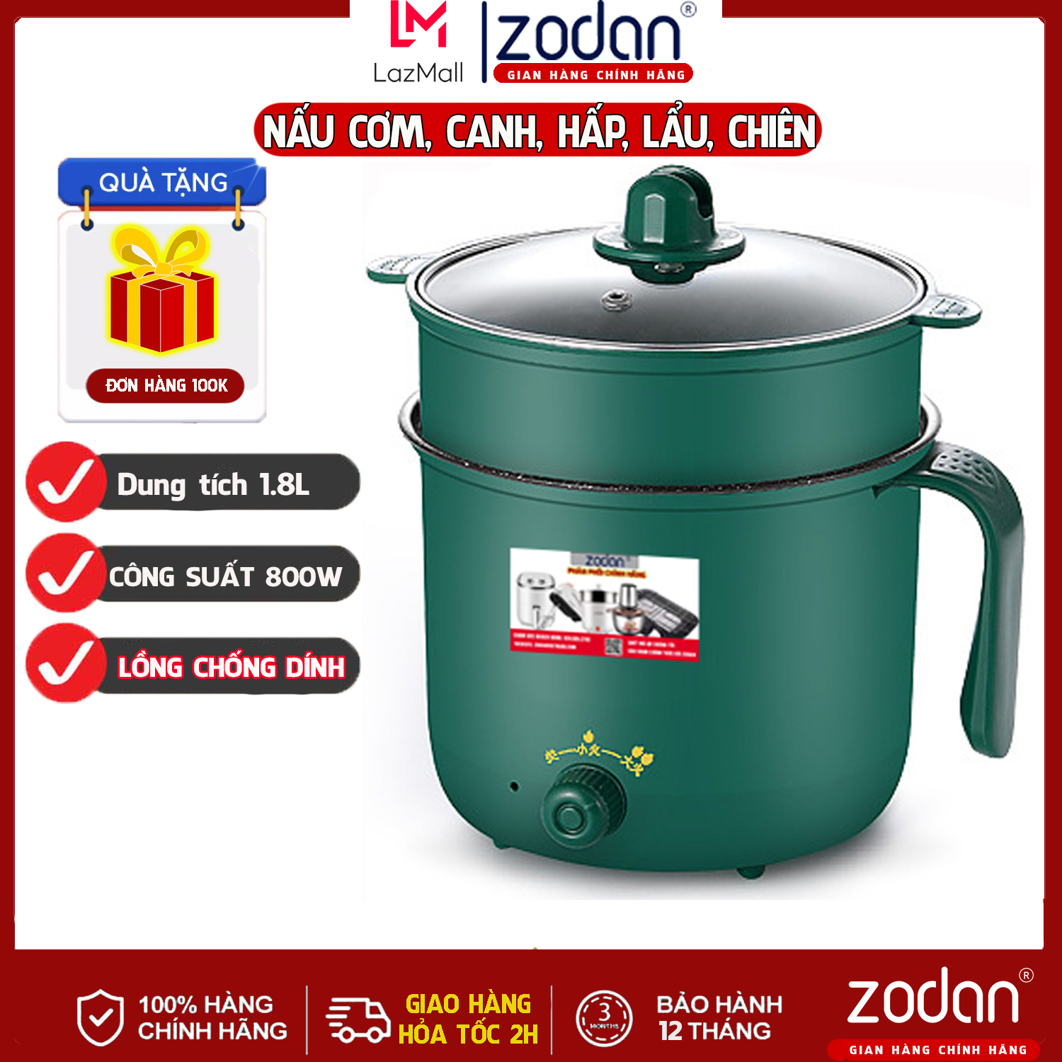 Nồi Lẩu Mini Đa Năng 1,8L nấu Lẩu, Hấp, Luộc, Xào 2 Tầng Vật Liệu Chống Dính An Toàn