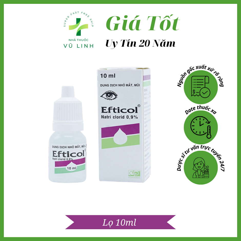 Nước Muối Sinh Lý Efticol 0,9% dùng để nhỏ mắt hoặc rửa mắt