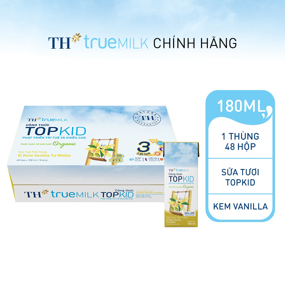 Thùng 48 hộp sữa tươi tiệt trùng TOPKID kem vanilla tự nhiên TH True Milk 180ml