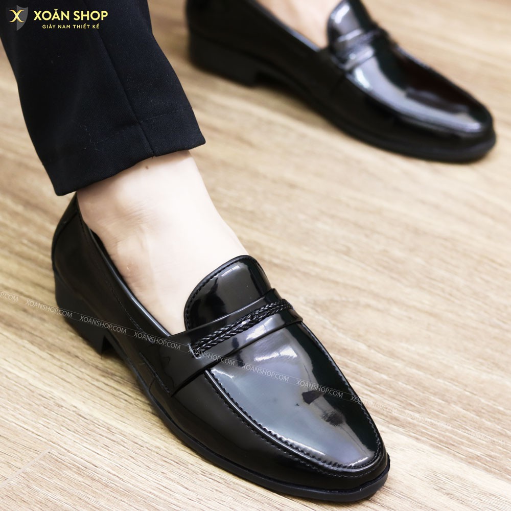 Giày Lười Da Nam - Da Đen Bóng Đai Dệt - Đế Cao Su Đúc - Mã L159 - Hàng Việt Nam