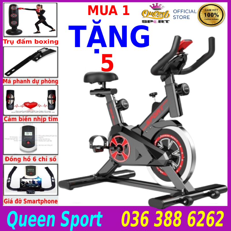 Máy đạp xe đạp tập thể dục gym thể thao trong tại nhà Queen Sport X9 Pro tặng má phanh dự phòng, cảm biến nhịp tim, đồng hồ 6 chỉ số, giá đỡ ipad,  bảo hành 3 năm