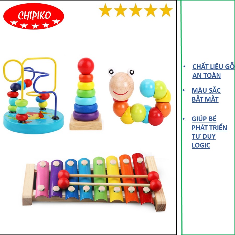 Combo 4 món đồ chơi gỗ phát triển nhiều kỹ năng cho bé - luồn hạt, sâu hạt, tháp cầu vồng, đàn gõ 8 thanh