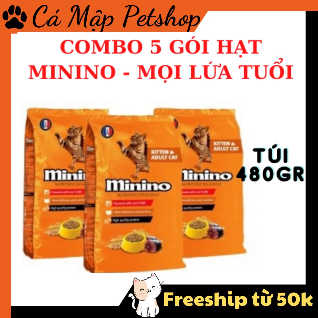 Hạt cho mèo Minino vị Cá ngừ, Hạt cho mèo từ 2 tháng tuổi trở lên túi 480gr