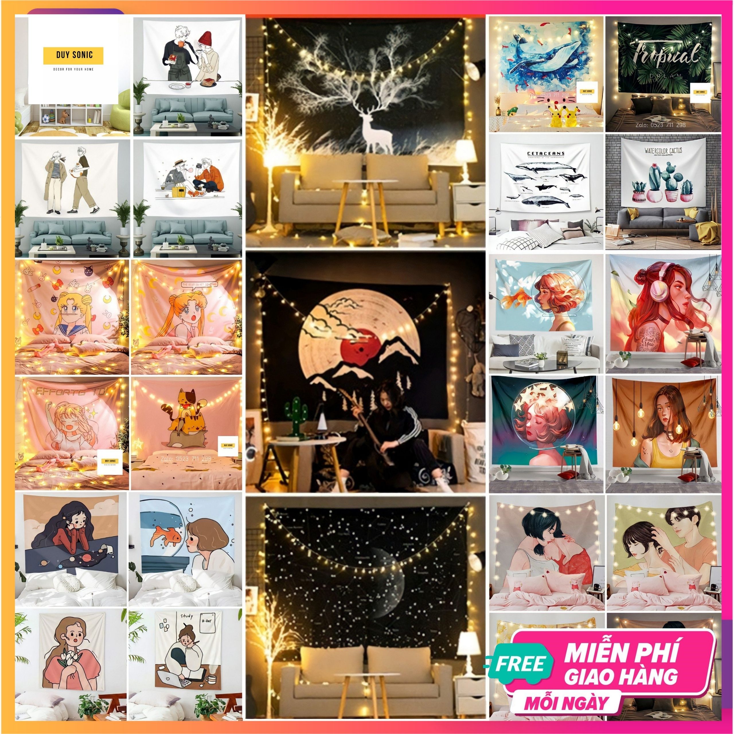 Tranh vải treo tường (1m5x1m3) Tặng đèn 7m và móc treo, tấm thảm treo tường decor phòng ngủ, trang trí phòng ngủ