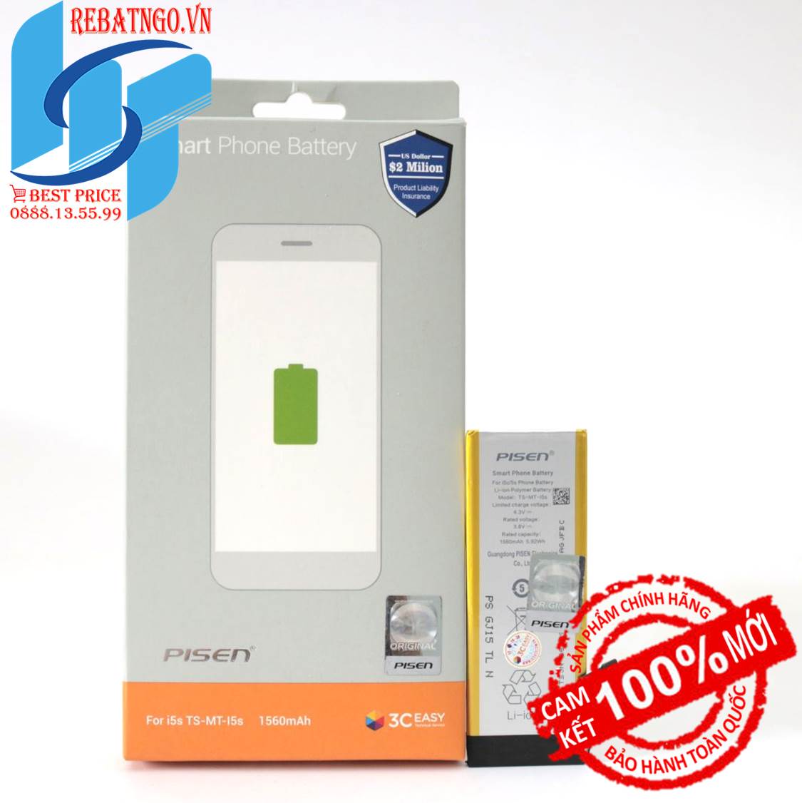 Pin Pisen cho Iphone 5S 1560mAh chuẩn 3C Easy certificate