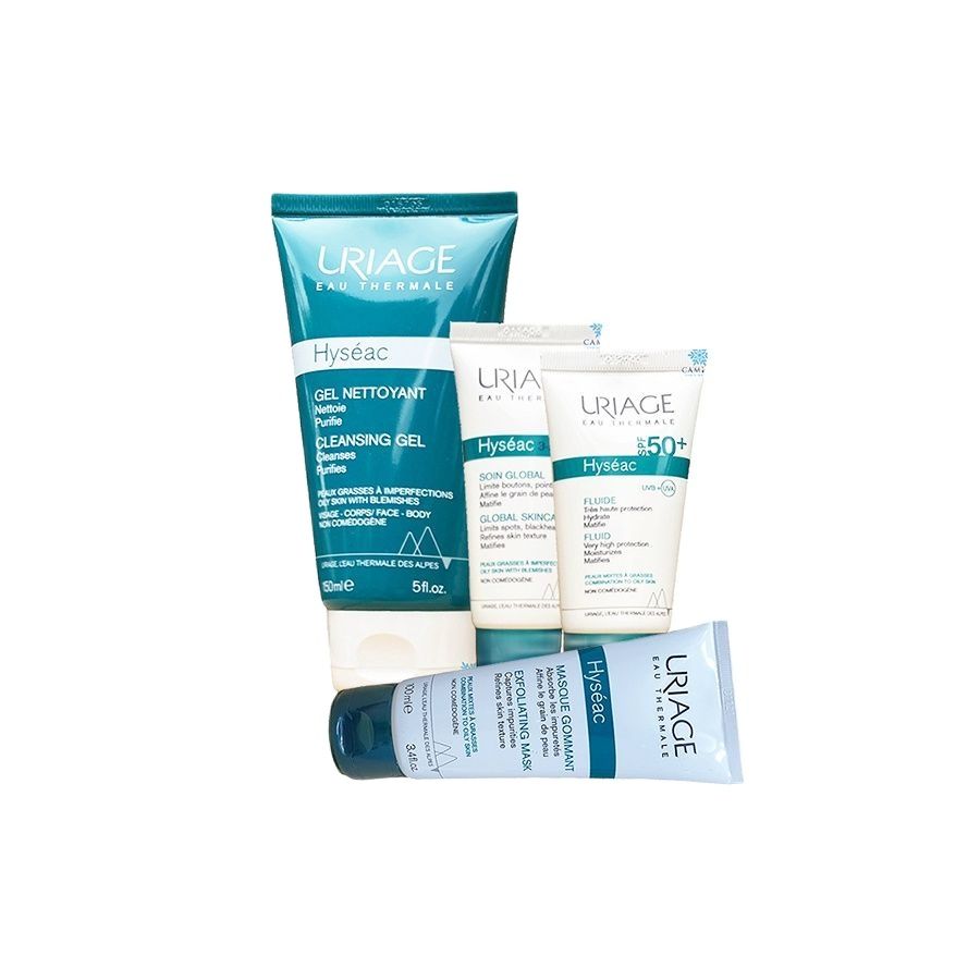 Uriage Hyseac - bộ 4 sản phẩm cho da mụn gồm sữa rửa mặt, mặt nạ và tẩy tế bào chết, kem dưỡng giảm mụn, kem chống nắng