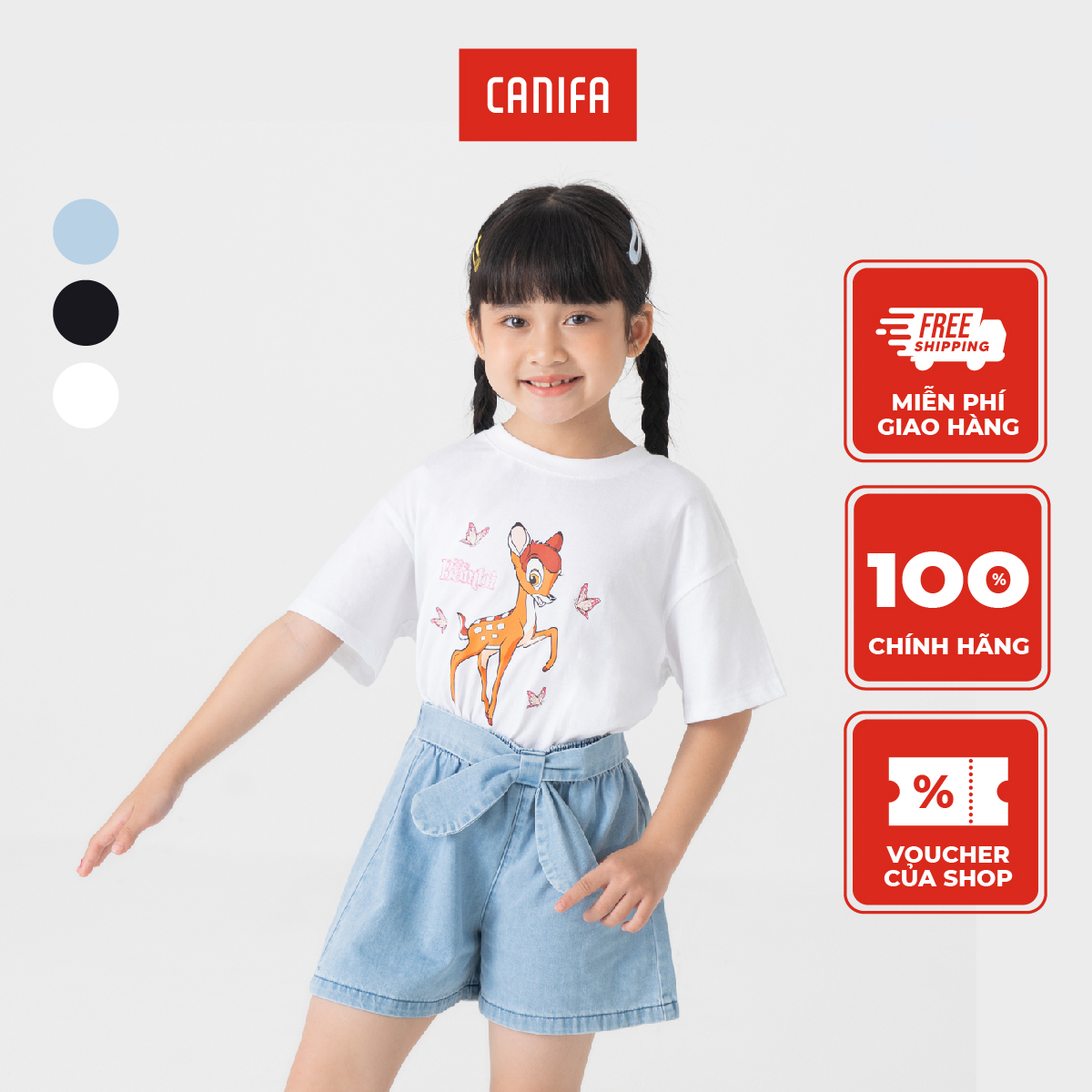 Áo phông bé gái in BAMBI CANIFA Áo phông chất liệu 100 cotton cổ tròn tra bo tay cộc. 1TS23S008