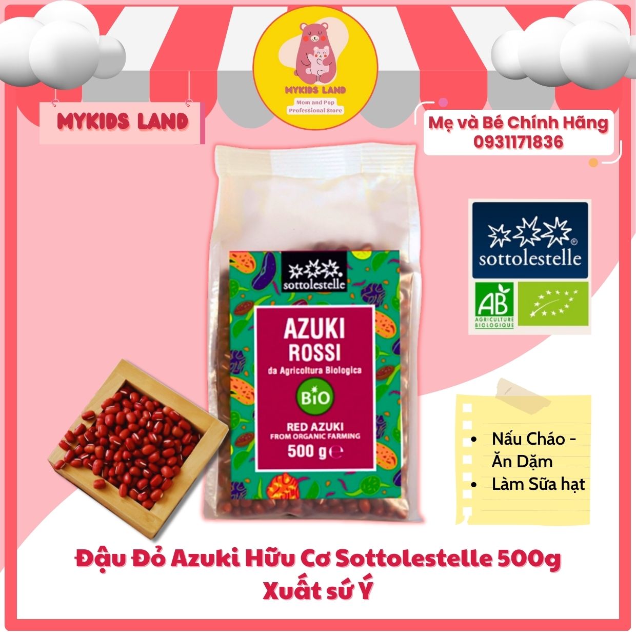 Đậu đỏ azuki hữu cơ sottolestelle 500g - nấu cháo - ăn dặm - làm sữa hạt