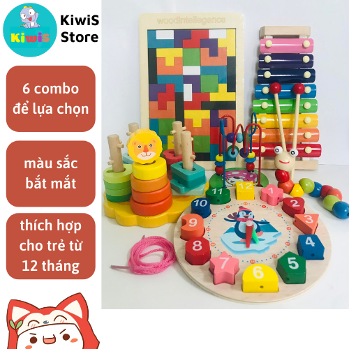 Combo 6 món đồ chơi gỗ thông minh, chất liệu an toàn giúp phát triển trí tuệ, vui chơi vận động tinh cho bé
