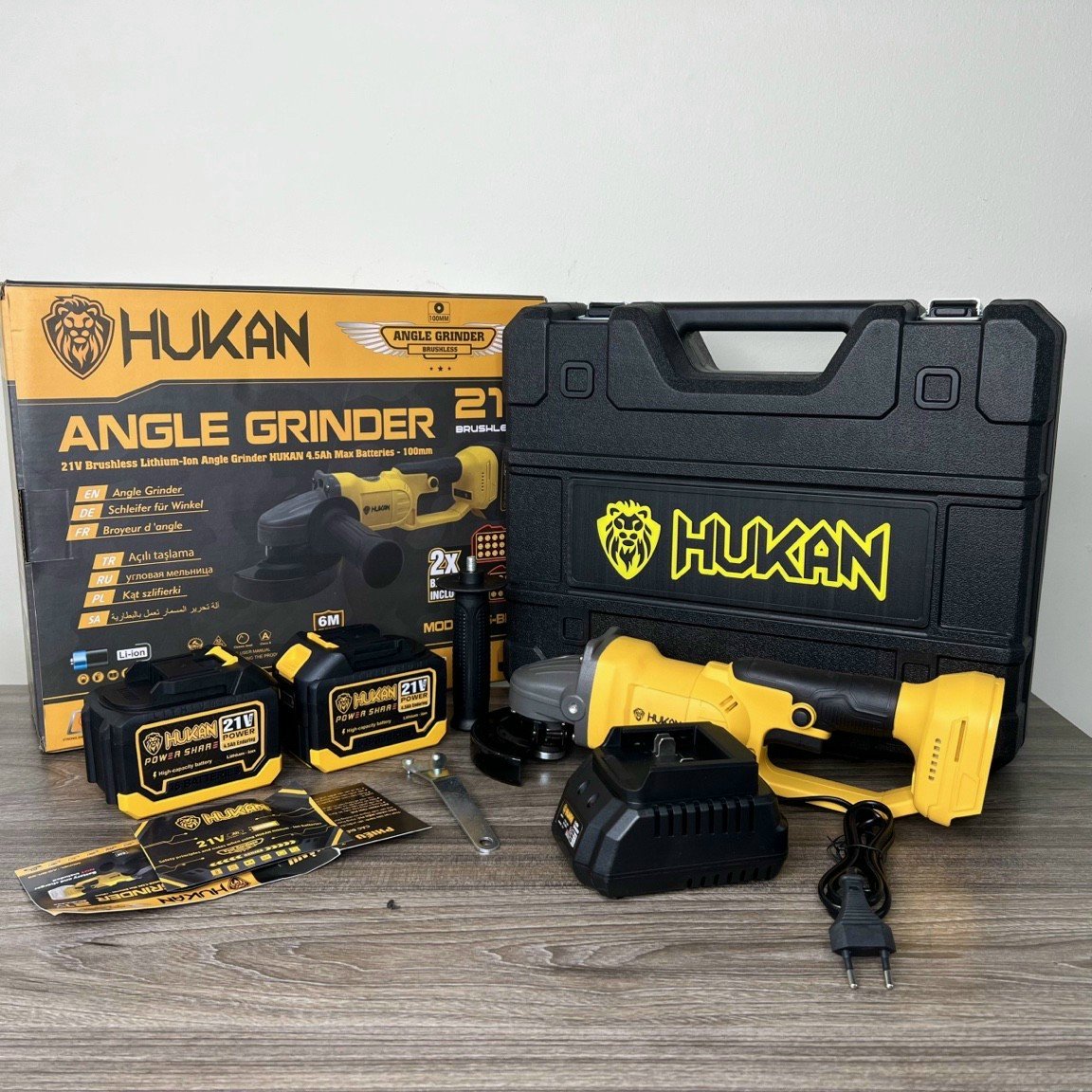 Bộ máy cắt góc mài pin HUKAN kèm 2 pin 15 cell động cơ không chổi than mạch 3 tốc độ