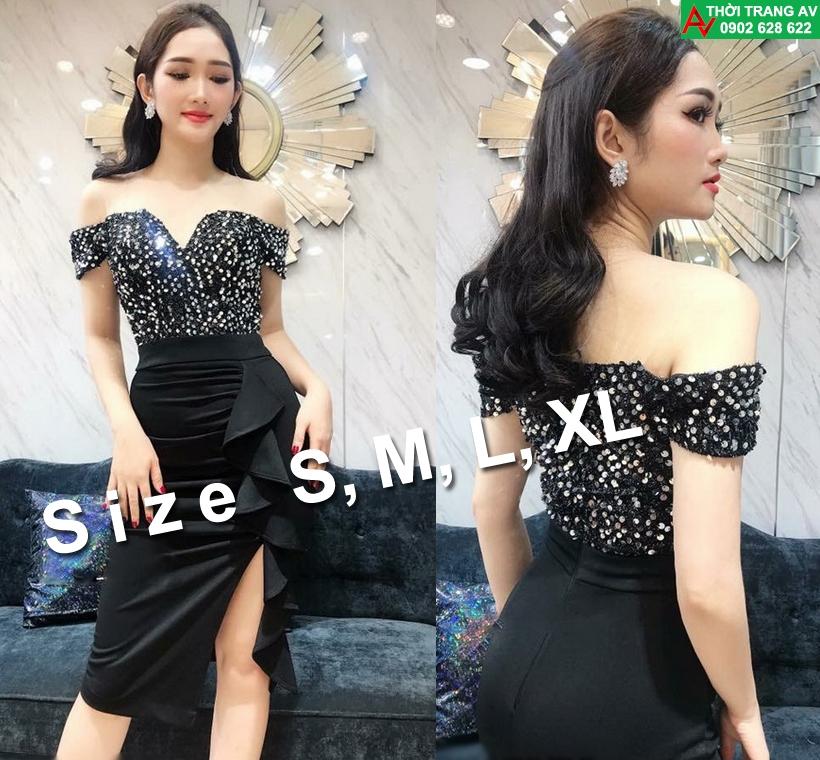 Đầm ôm body cúp ngực đính kim sa eo dún phối bèo đầy sang trọng - AV6200