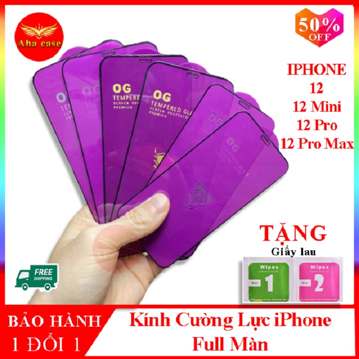 Kính cường lực iPhone 12 mini, 12, 12 Pro, cường lực ip 12 Pro max Full màn, Mua kính cường lực iPhone 12 tặng kèm giấy lau, Aha Case