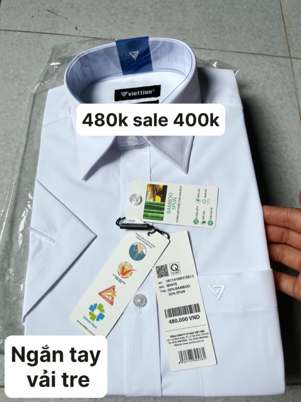 Áo sơ mi  trắng tinh  Việt tiến giá  hãng 480k sale 400k vải sợi tre
