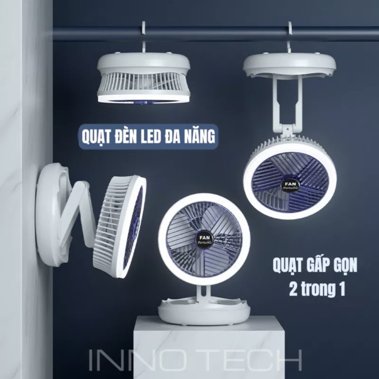 Quạt tích điện mini để bàn, treo tường, tuỳ chỉnh chiều cao với 4 tốc độ gió, tích hợp đèn led ngủ, xoay 360 độ