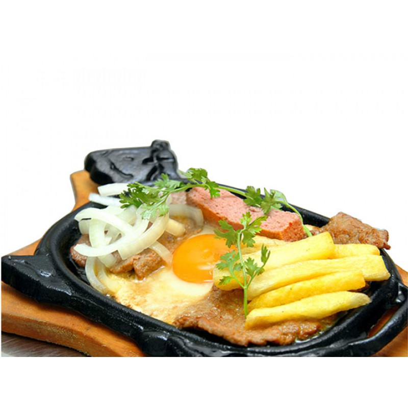  Chảo gang đầu bò - bò né chống dính kèm đế lót gỗ làm bít tết dùng được bếp từ 