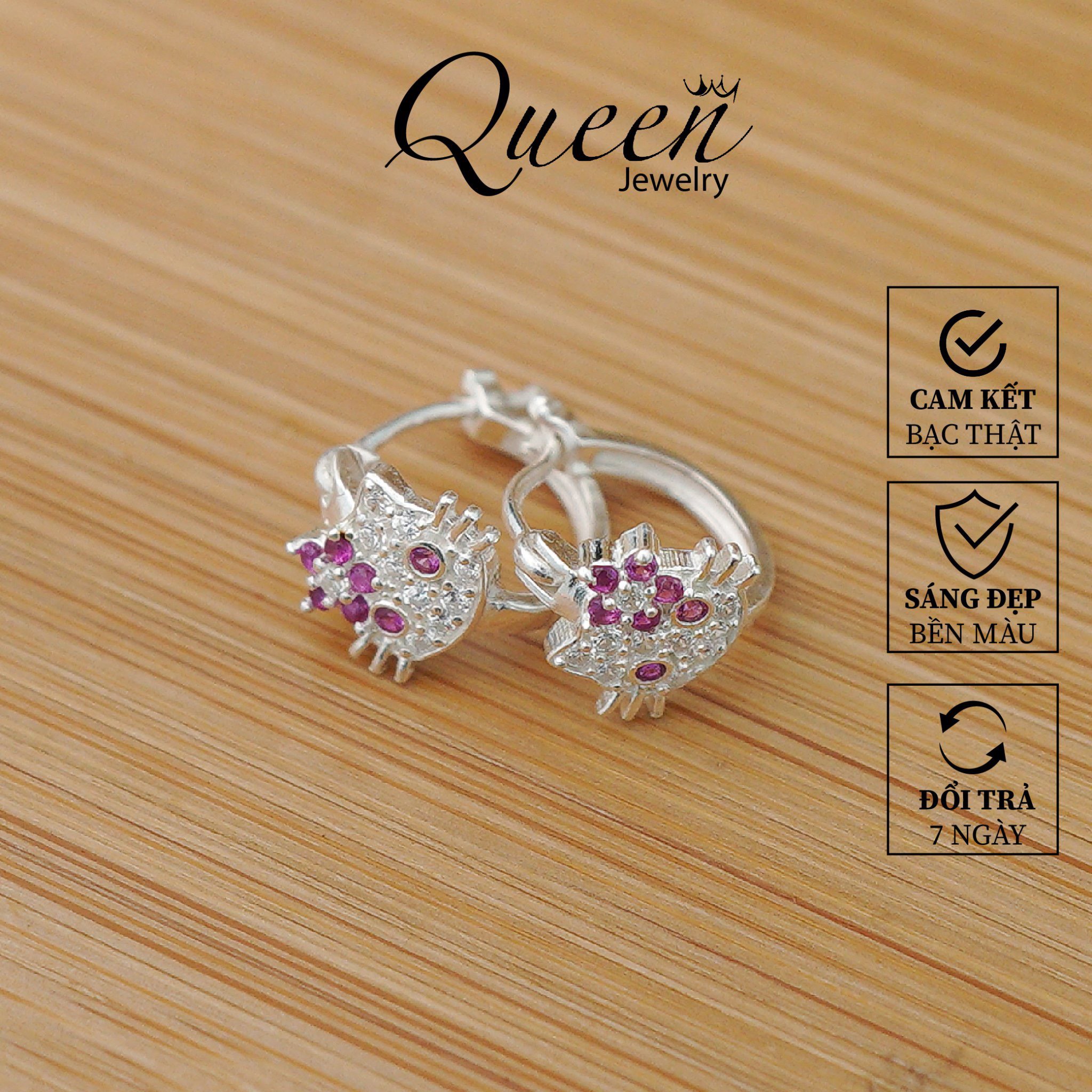 Bông tai bạc cho bé gái hình mèo kitty xinh xắn Khuyên tai tròn Queen Jewerly cam kết bạc thật