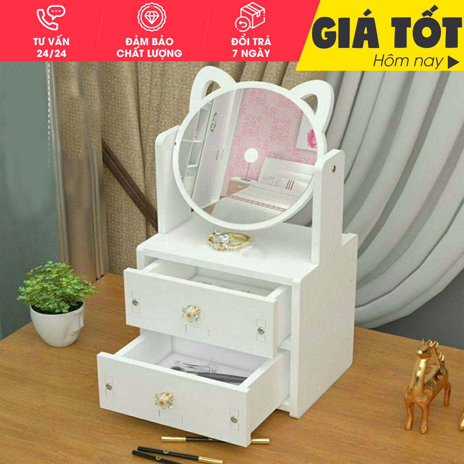 Kệ đựng mỹ phẩm- Kệ Mỹ Phẩm Đa Năng Có Ngăn Kéo - Gương soi để bàn, Gương trang điểm để bàn - Tủ gỗ để đồ trang điểm trang sức hình mèo, Gương để bàn mini, Kệ Nhựa Đựng Mỹ Phẩm Có 2 Ngăn Kéo 3 Tầng, kệ mini nhưaj