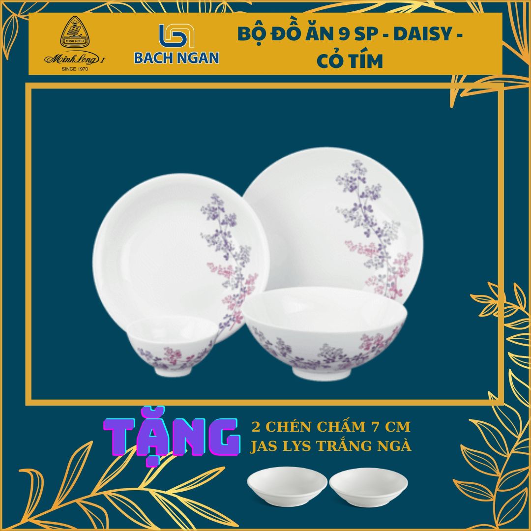 Bộ đồ ăn 09 sản phẩm - daisy - cỏ tím - gốm sứ cao cấp minh long - làm quà tặng đối tác, tân gia, gia đình