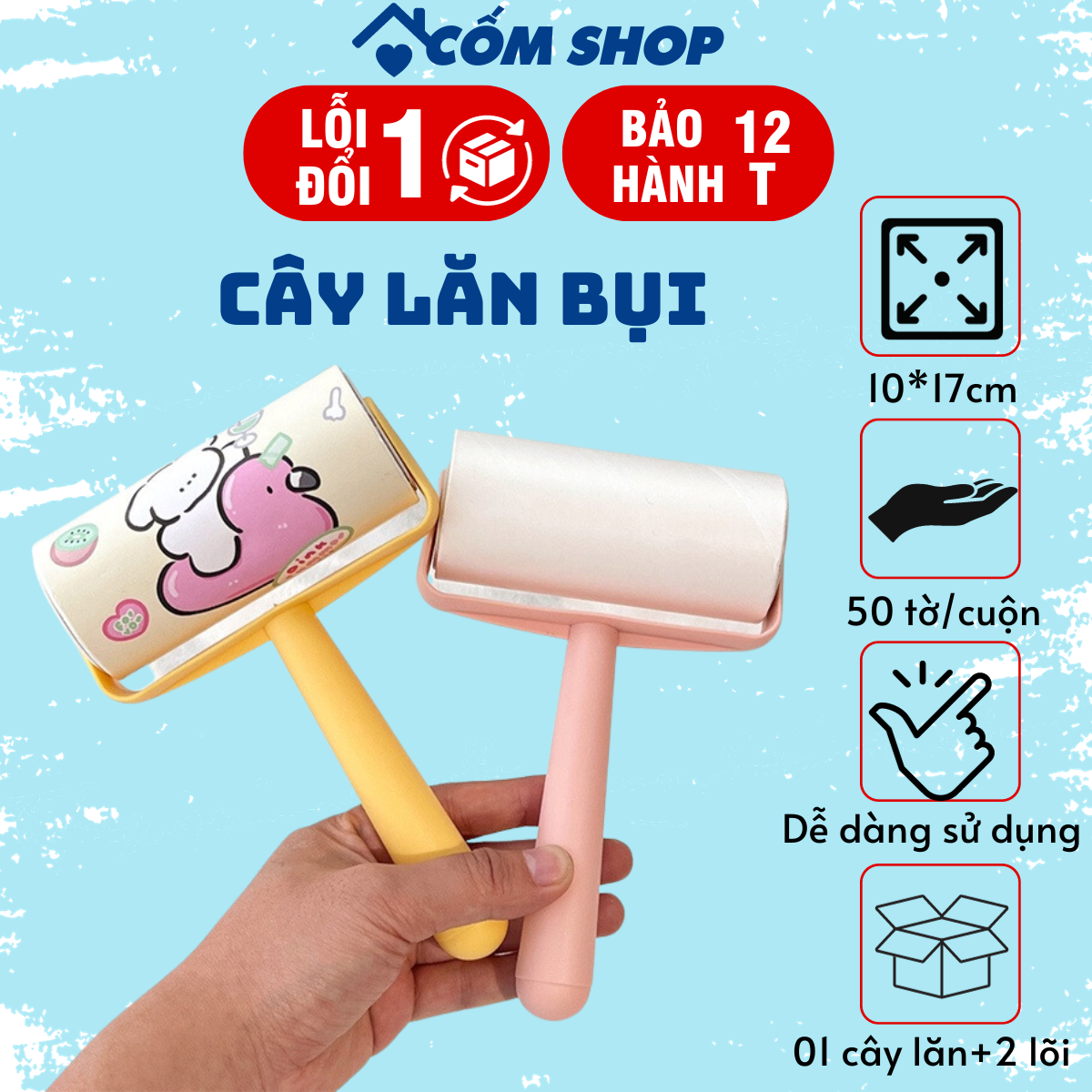 Cây lăn bụi loại bỏ lông xơ Lăn bụi ga giường sofa quần áo 1 bộ tặng kèm 2 lõi lăn Tổng 150 miếng lăn dùng cho 3-6 tháng