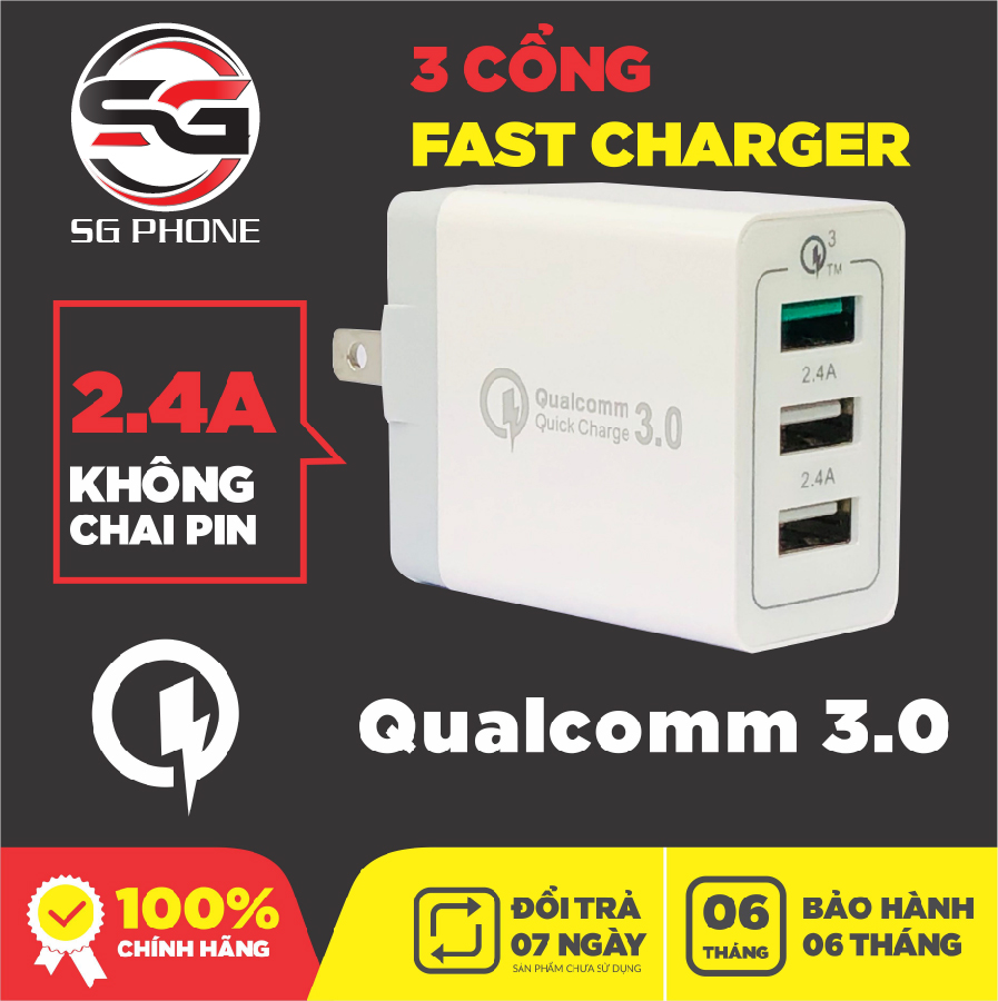 Đầu Sạc Nhanh Củ Sạc Nhanh Cốc Sạc Nhanh 3 Cổng Qualcomm 3.0 sạc nhanh + 2 cổng tốc độ 2.4A PKSO-VN