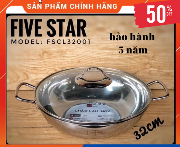 Chảo lẩu xào sâu lòng 32cm 3 đáy inox 430 fivestar- đáy từ lắp kính - bảo hành 5 năm -