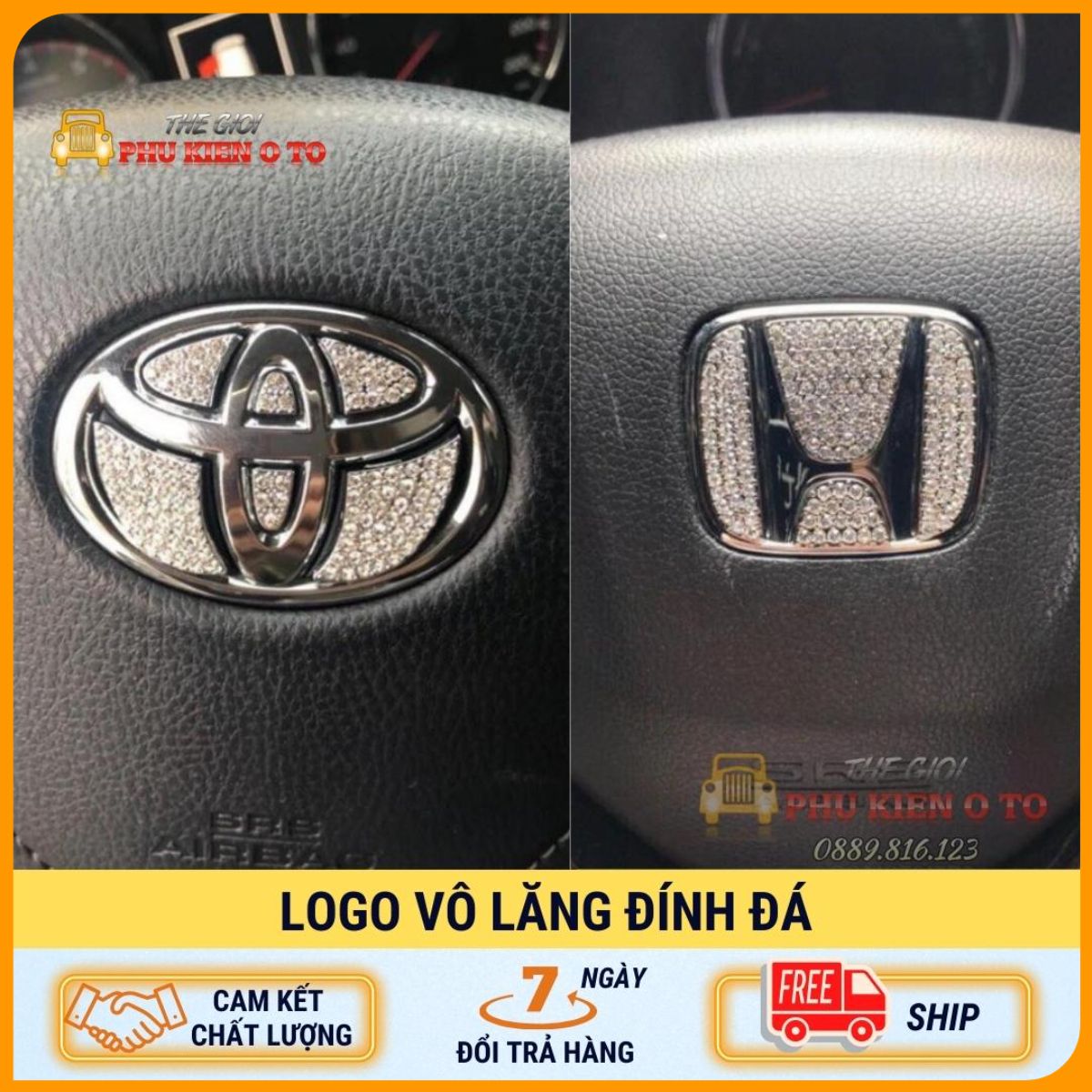 Dán LOGO vô lăng đính đá sang trọng cho xe HYUNDAI-TOYOTA-MAZDA-HONDA-MECCIDES phong cách VIP Nhật Bản