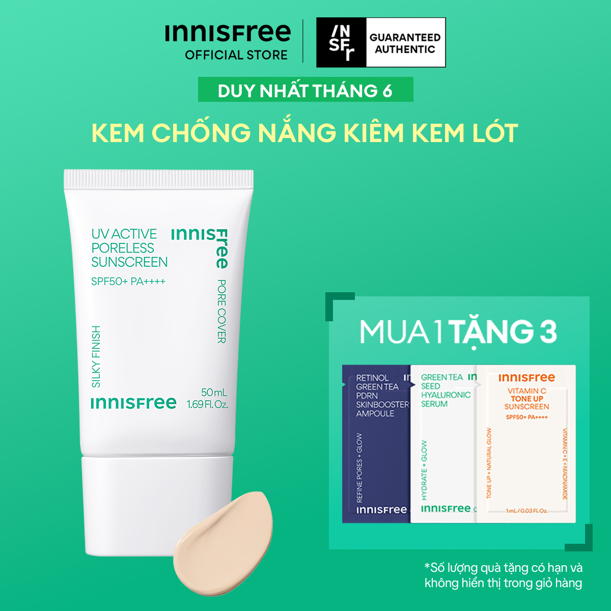 Kem chống nắng kiêm kem lót làm mịn lỗ chân lông INNISFREE UV Active Poreless Sunscreen SPF50+ PA++++ 50mL