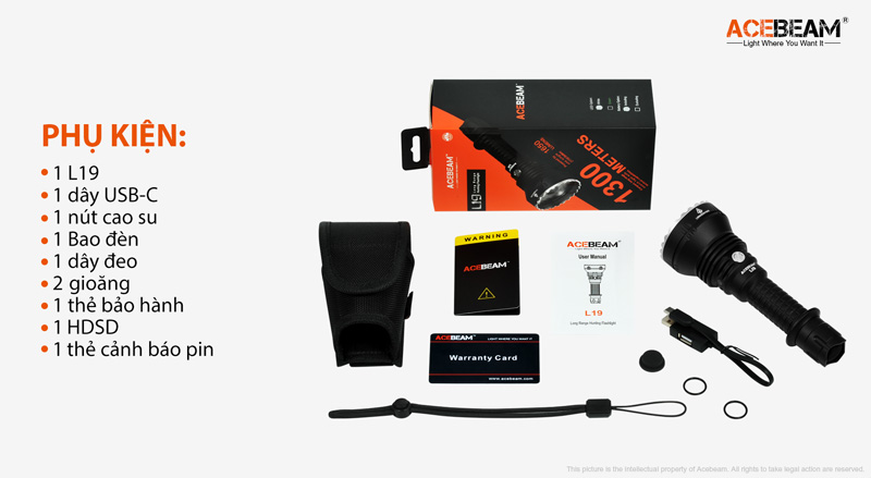 Đèn pin chiếu xa ACEBEAM L19 độ sáng 1650lm chiếu xa 1300m bóng LED PM sử dụng pin 21700 Đèn Đèn pin